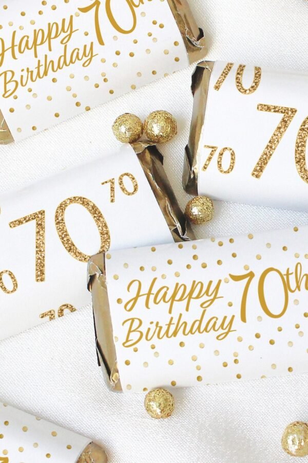 70Th Birthday Candy Wrapper Labels For Miniature Chocolate Bars, White Gold Stickers Party Favors, Happy Mom Dad Women Men 42Ct