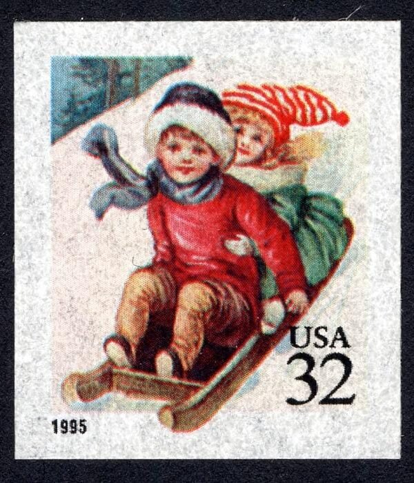 7x Christmas 1995 Children Sledding in Snow 32C Unused Postage Stamps Free Shipping #1 Source Best Prices On Vintage Stamps