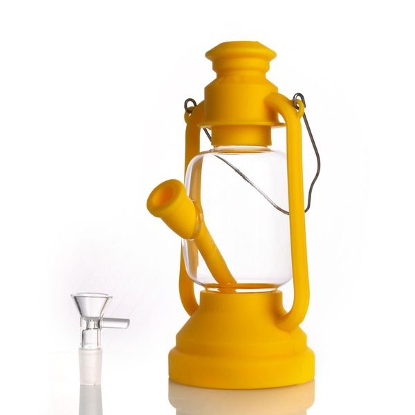 8.3inch Yellow Kerosene Lamp Shape Silicone and Glass Material Glass Bong Water Pipe with 14mm Glass Bowl Smoking Accessories for Hookahs GJ4402