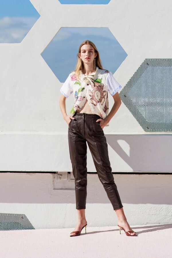 80S Chocolate Brown Stitched Leather Pants Vintage Straight Leg Long Trousers