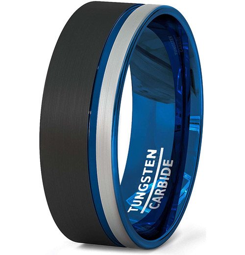 8mm - Black, Blue Tungsten Wedding Band - Gray Brushed Tungsten Ring - 8mm - Mens Ring - Tungsten Carbide - Engagement Band - Comfort Fit