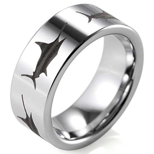 8mm - Swordfish Engraved Tungsten Guys Wedding Bands - Fisherman's Ring / Fishing Wedding Band. Silver