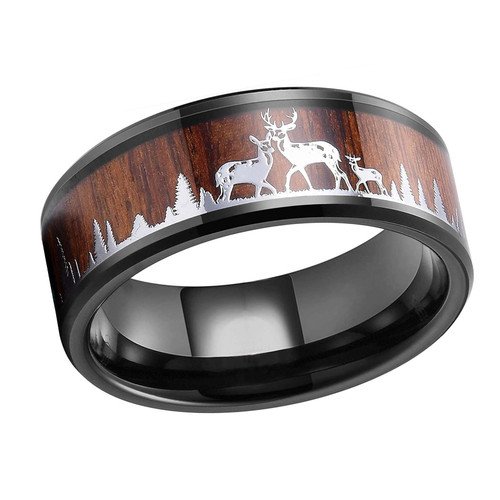 8mm - Unisex or Men's Hunting Ring / Deer Crossing Wedding Band. Black Tungsten Band with Deer Silhouette over Real Koa Wood. Hunter's Wedding Band Comfort Fit Ring