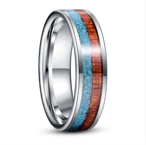 8mm - Unisex or Men's Titanium Wedding Band. Blue Calaite Turquoise and Wood Inlay. Comfort Fit Tungsten Carbide Guys Wedding Rings. Pipe Cut Style