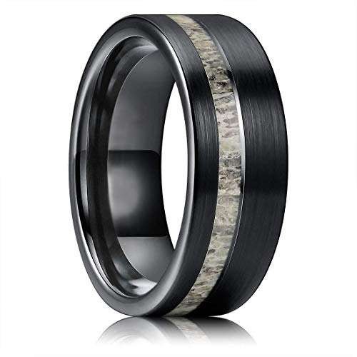 8mm - Unisex or Men's Tungsten Wedding Band. Black with White Antler Inlay Ring. Tungsten Ring Comfort Fit