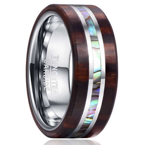 8mm - Unisex or Men's Tungsten Wedding Bands. Wood Band with Silver Accents and Rainbow Abalone Shell Inlay Ring (Organic colors)