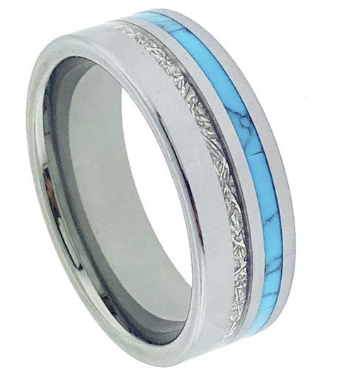 8mm - Unisex or Men's Wedding Tungsten Wedding Band. Silver Tungsten Band with Blue Turquoise and Inspired Meteorite Inlay. Pipe Cut Tungsten Carbide Ring. Comfort Fit