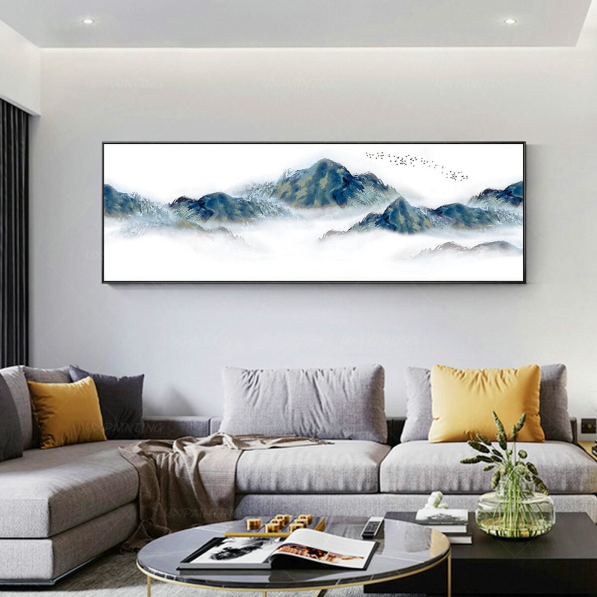 Abstract Mountain Wall Art Framed Watercolor Prints Landscape Foggy Cloudy Painting Flock Birds On Canvas Long Printable Art