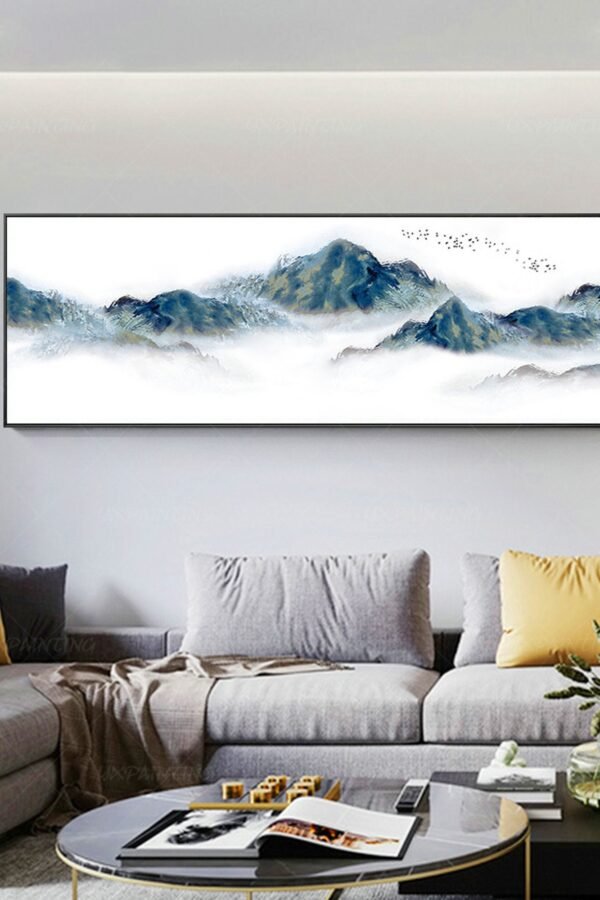 Abstract Mountain Wall Art Framed Watercolor Prints Landscape Foggy Cloudy Painting Flock Birds On Canvas Long Printable Art