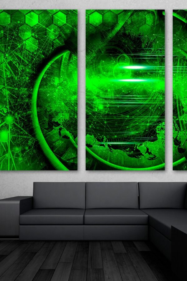 Abstract Technology Concept Wall Art Canvas Print Green Hexagonal Techno Art Digital -Giclee Home Decor, Wall Interior Design