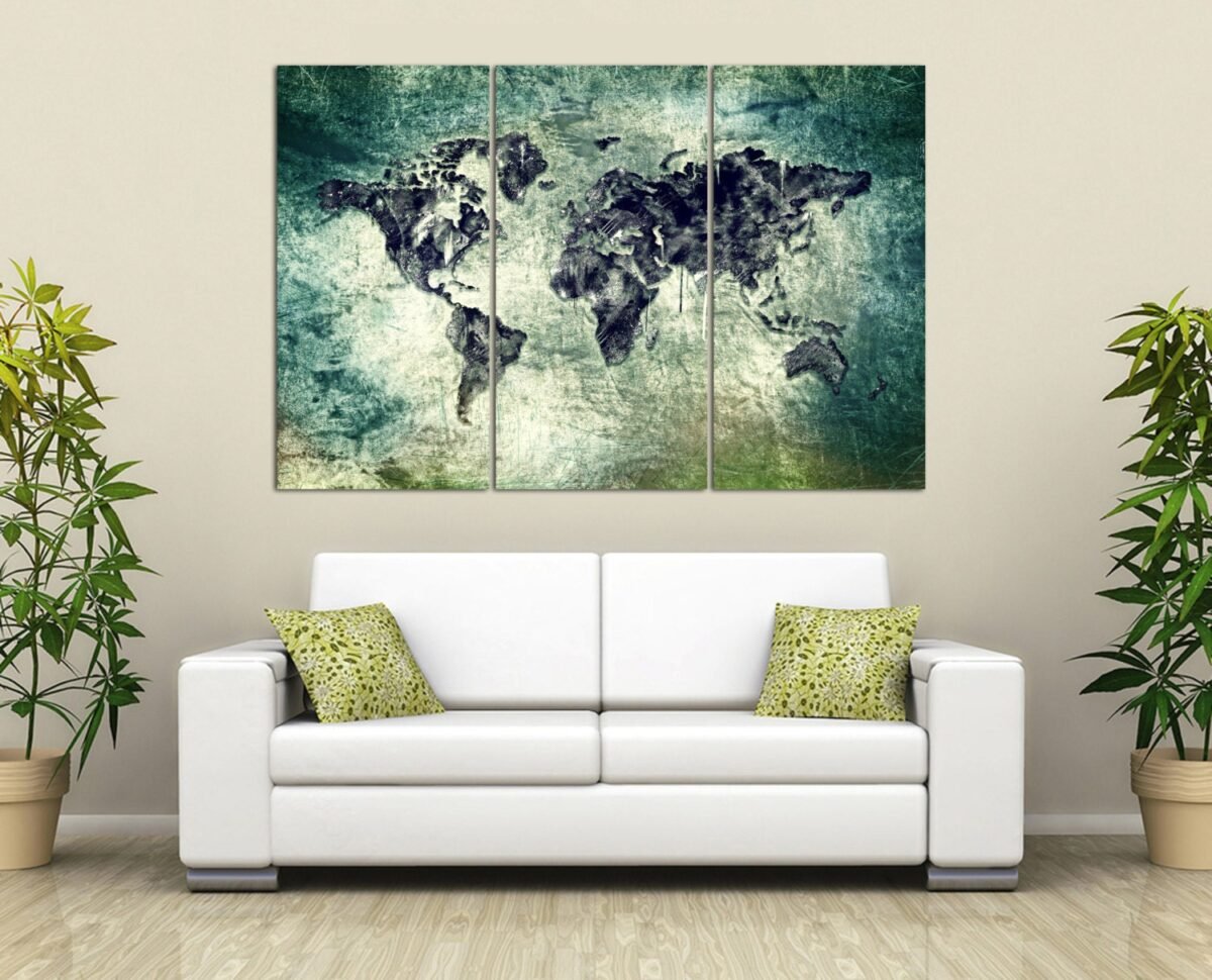Abstract World Map Canvas Print Modern Triptych Wall Art