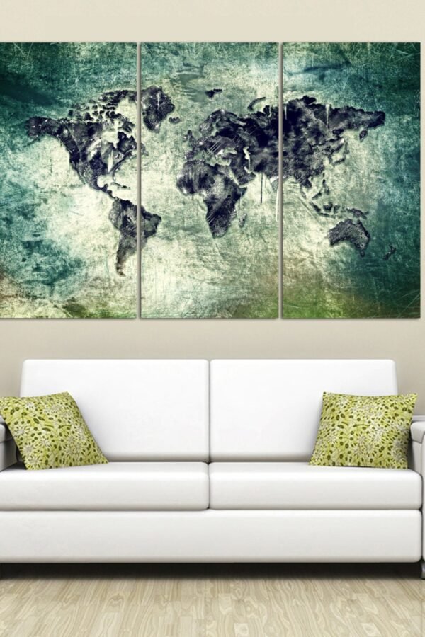 Abstract World Map Canvas Print Modern Triptych Wall Art