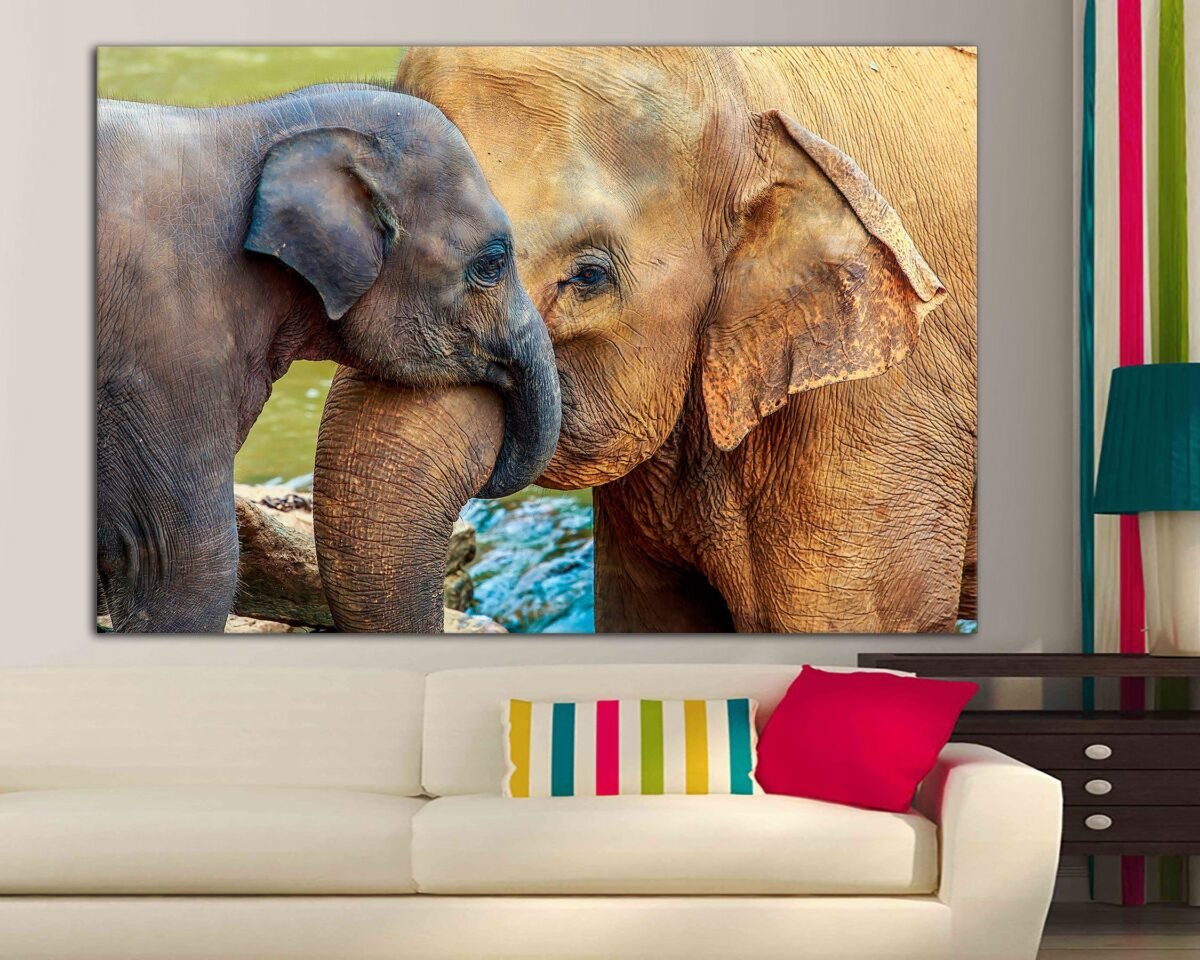 African Elephant Baby & Mom, Canvas Print, Room Art, Large Lion Canvas, Wall Ready To Hang