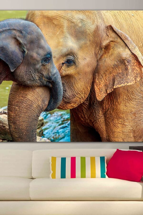 African Elephant Baby & Mom, Canvas Print, Room Art, Large Lion Canvas, Wall Ready To Hang