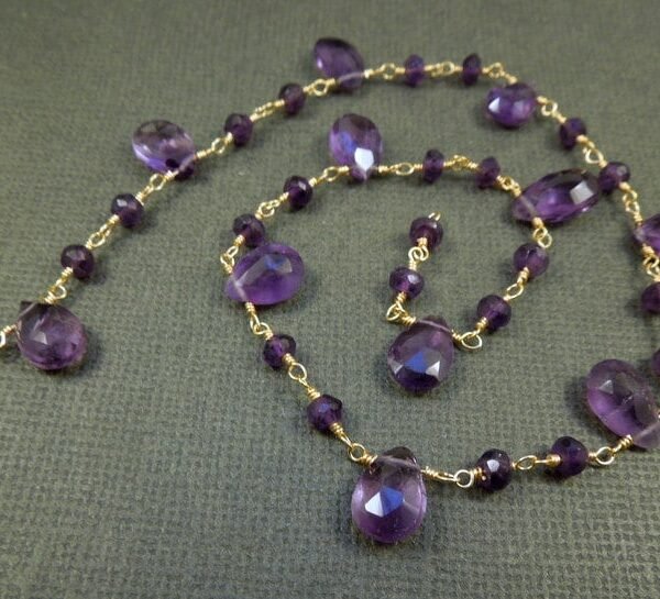 Amethyst Wire Wrapped Beaded Chain - Gold Rosary Style -Chain Per Foot New Style Wow | Chn-139
