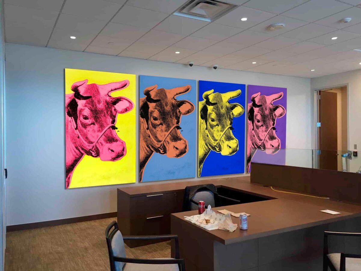 Andy Warhol Cow Pop Art 4-Panel Canvas Print, Large Panoramic Wall Decor, Modern Office Home Elegant Ready To Hang