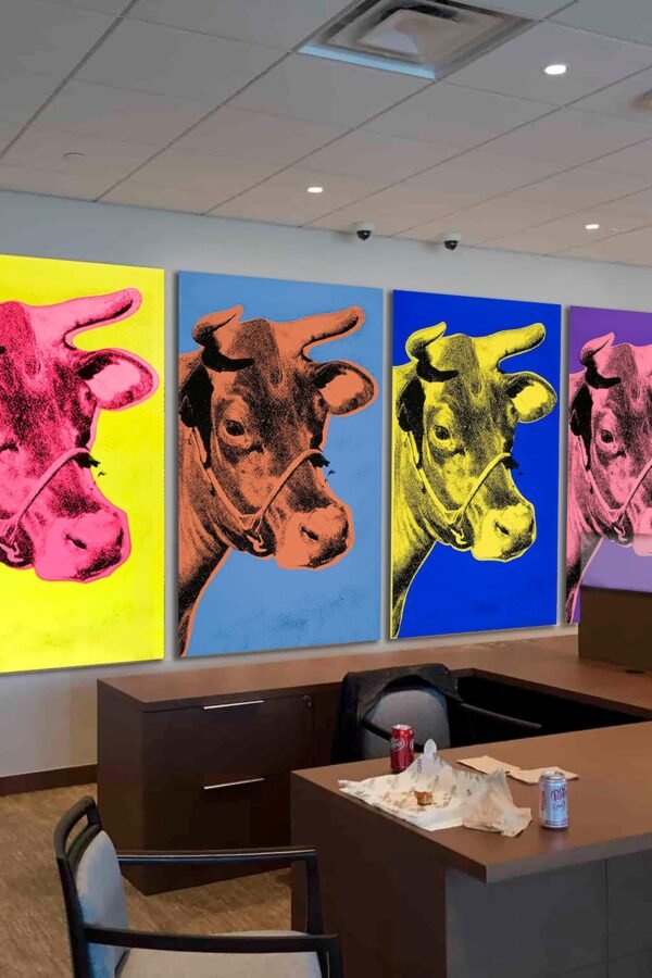 Andy Warhol Cow Pop Art 4-Panel Canvas Print, Large Panoramic Wall Decor, Modern Office Home Elegant Ready To Hang