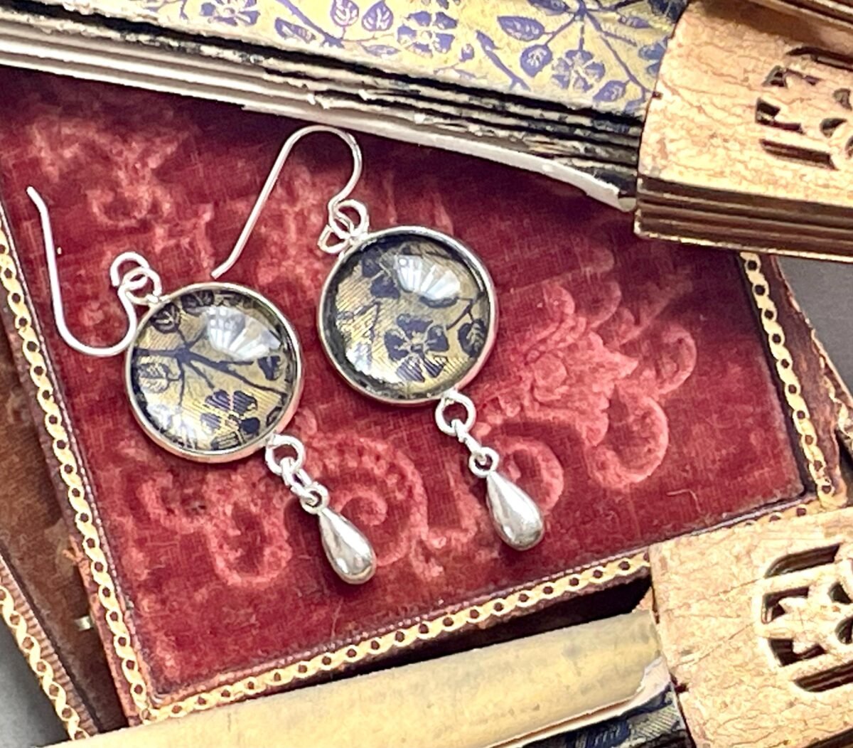 Antique Asian Fan Paper Ephemera Earrings Blue Gold Foiled Luminescent Texture Bezel Vintage Papers Victorian Jewelry
