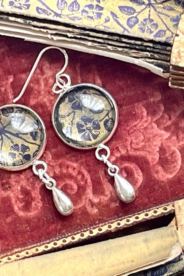 Antique Asian Fan Paper Ephemera Earrings Blue Gold Foiled Luminescent Texture Bezel Vintage Papers Victorian Jewelry