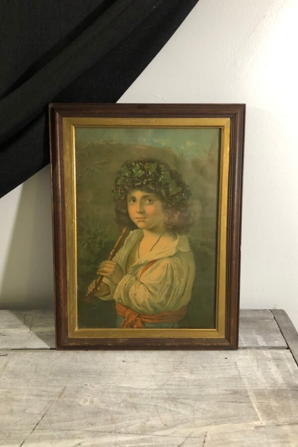 Antique Framed Lithograph - "Italian Shepherd Boy With Flute" H. Hallet & Co Pied Piper Print
