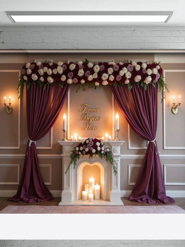 Aperturee Dark Blush Floral Wedding Candles Photo Backdrop, 3X2FT(1MX0.6M), 14 USD, wedding backdrops, HFHD7K28-M