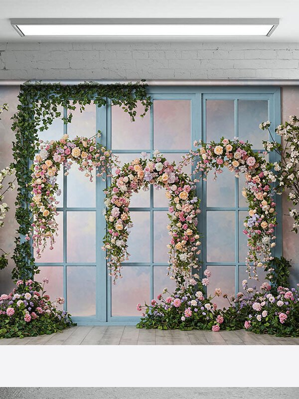 Aperturee Triple Floral Arch Blue Door Sweet Wedding Backdrop, 3X2FT(1MX0.6M), 14 USD, wedding backdrops, ENHD4L66-M