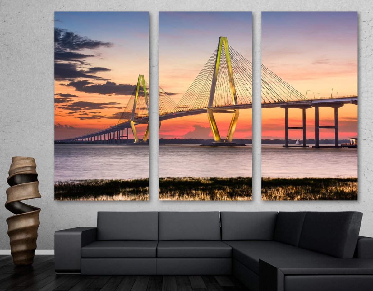 Arthur Ravenel Bridge During Sunset Canvas Print Wall Art, USA Landmark Print Giclee Home Art Decor, Wall Interior Design