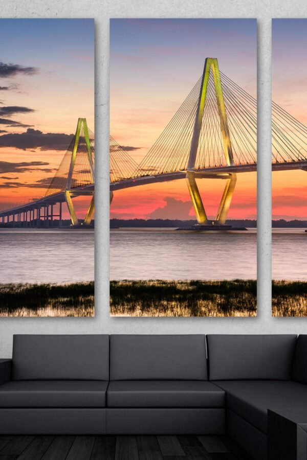 Arthur Ravenel Bridge During Sunset Canvas Print Wall Art, USA Landmark Print Giclee Home Art Decor, Wall Interior Design