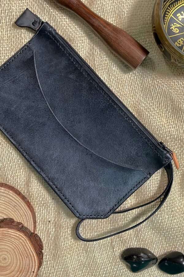 Artisan Hand Made Genuine Leather Wristlet With Zipper, Purse, Clutch in Black