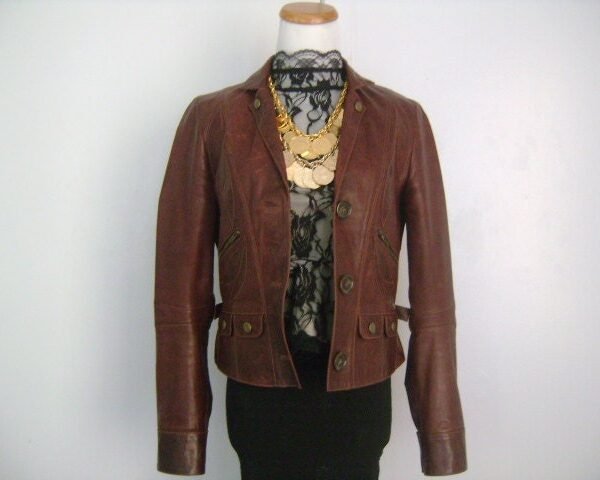 Authentic Chloe Made in France Chocolate Brown Slightly Distressed Lambskin Leather Jacket Leaf Applique Fashion Stylish Coat Size 40 4 6 Sm