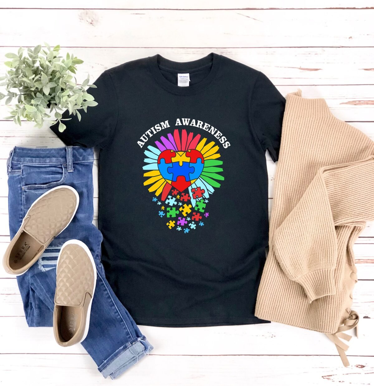 Autism Flower, Awareness Shirt, Sunflower, Puzzle Heart, Pieces, Rainbow