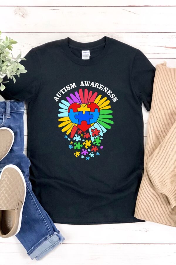 Autism Flower, Awareness Shirt, Sunflower, Puzzle Heart, Pieces, Rainbow