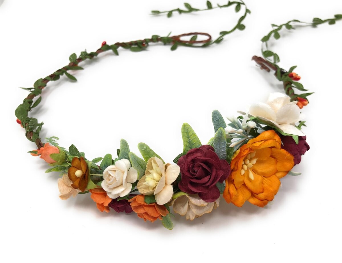 Autumn Flower Crown Orange Burgundy Floral Headband, Fall Wedding