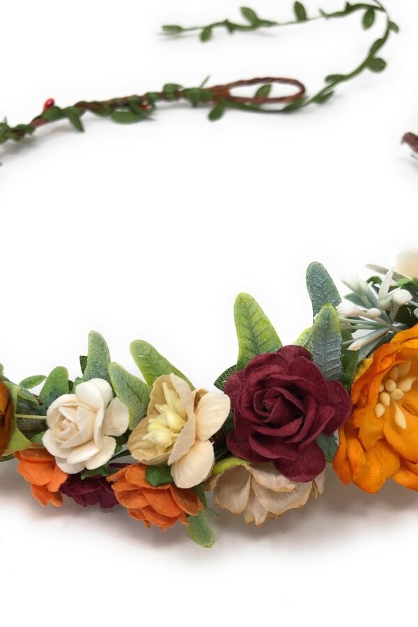 Autumn Flower Crown Orange Burgundy Floral Headband, Fall Wedding