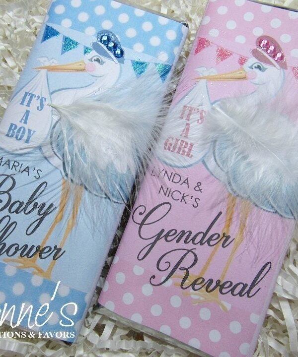 Baby Shower Candy Bar Wrappers For Chocolate Favors-Gender Reveal Stork Baby-It's A Boy-It's Girl-Announcement-Party Favors