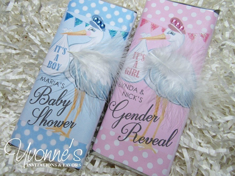 Baby Shower Candy Bar Wrappers For Chocolate Favors-Gender Reveal Stork Baby-It's A Boy-It's Girl-Announcement-Party Favors
