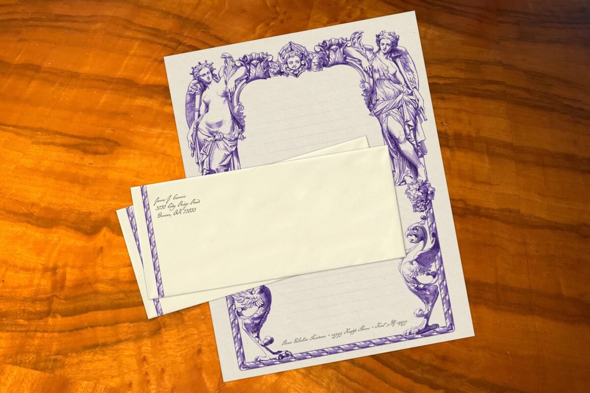 Baroque Angels, Luxurious Handcrafted Stationery Set For Letter Writing, Personalized, 12 Sheets/10 Envelopes, Available in 3 Colors