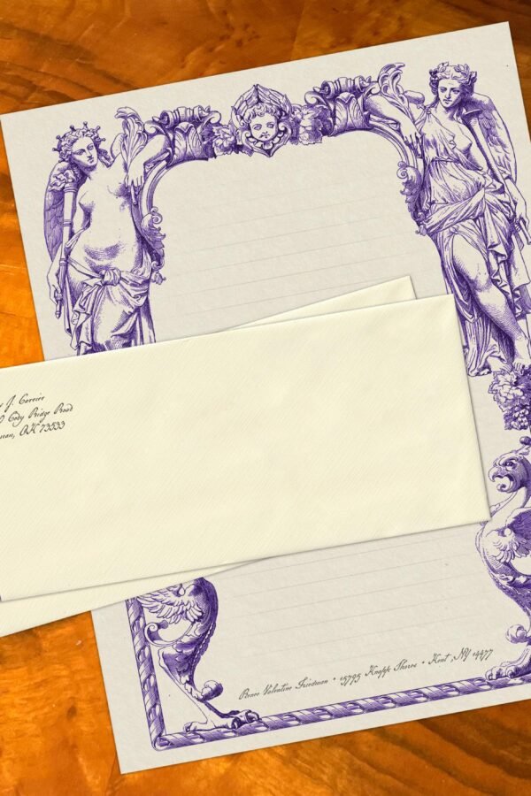 Baroque Angels, Luxurious Handcrafted Stationery Set For Letter Writing, Personalized, 12 Sheets/10 Envelopes, Available in 3 Colors