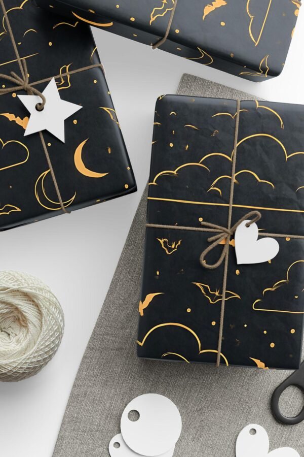 Bats & Moons Gift Wrap - Celestial Wrapping Paper, Gold Wrap, Starry Night Presents, Halloween Party Supplies, Gothic Decor