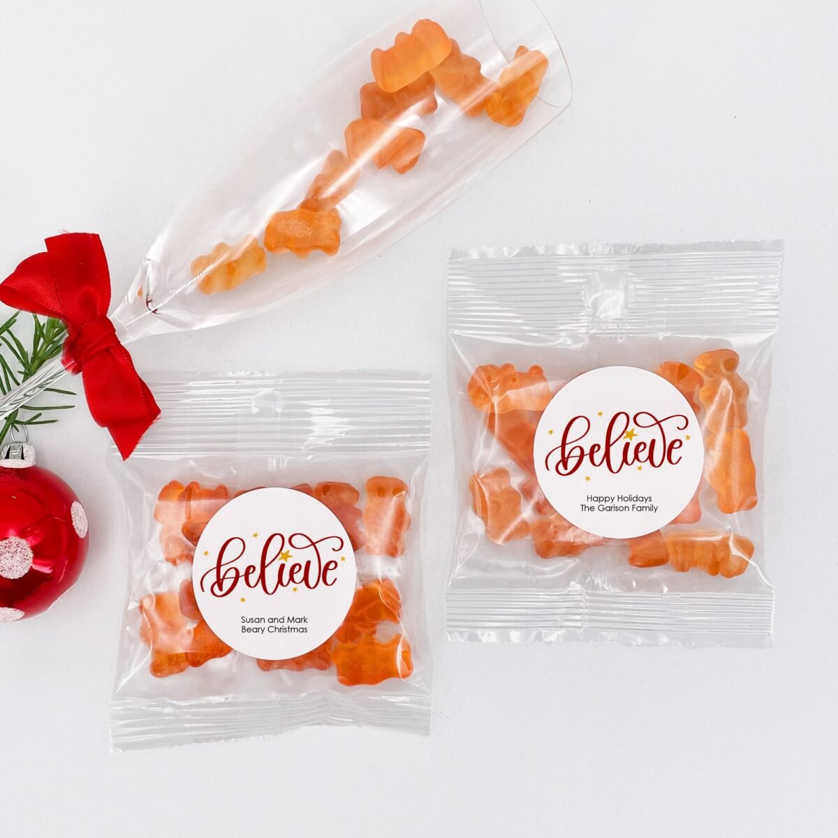 Believe Champagne Gummy Bears, Bear Favors, Christmas Party, Personalized Gift, Stocking Stuffer -Set Of 20
