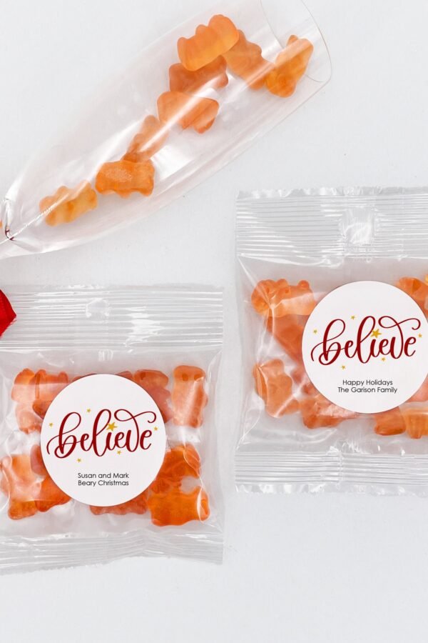 Believe Champagne Gummy Bears, Bear Favors, Christmas Party, Personalized Gift, Stocking Stuffer -Set Of 20
