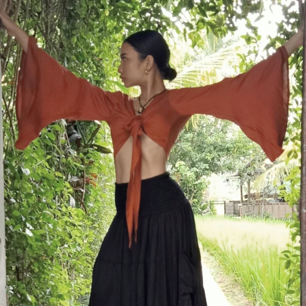 Bell Sleeve Lily Top in Rust By Lotus Tribe~ Boho Wrap Made Of Sustainable Tree Pulp Lyocell Fabric Vegan Silk. Feminine Flowy Wrap Top