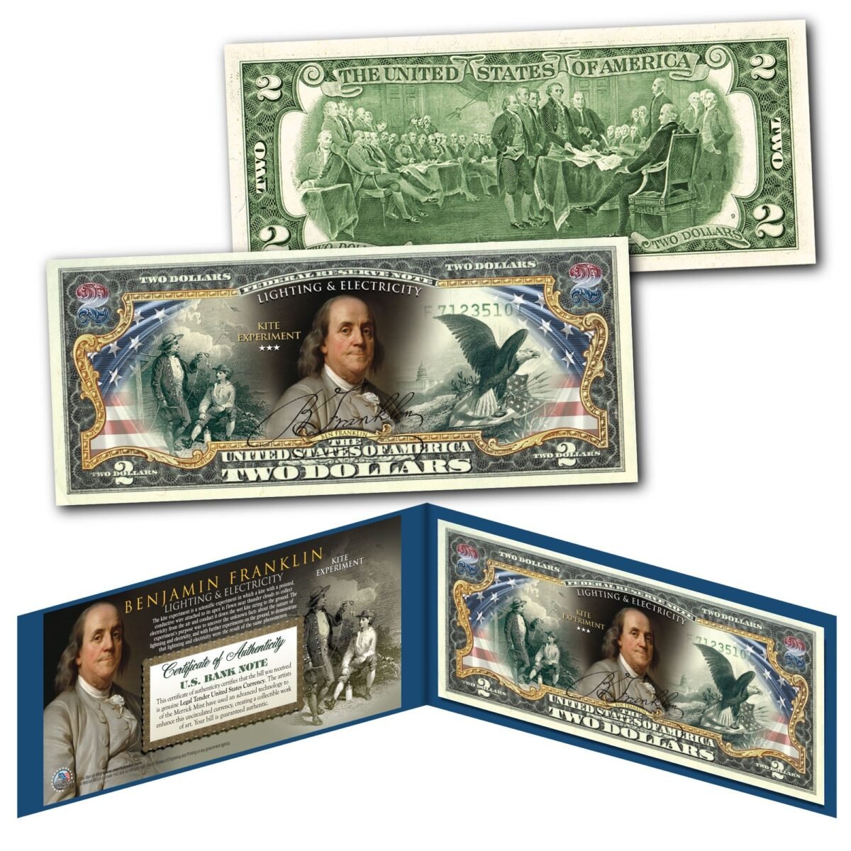 Ben Franklin Lightning & Electricity Kite Experiment Two Dollar Bill On Genuine U.s. Currency - Ships Fast & Free To