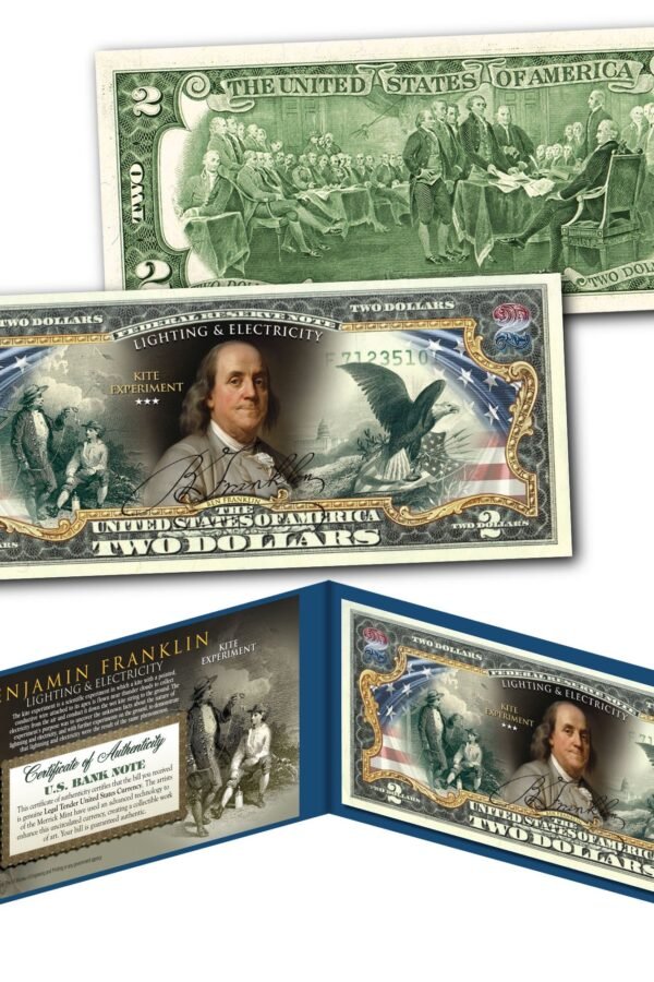 Ben Franklin Lightning & Electricity Kite Experiment Two Dollar Bill On Genuine U.s. Currency - Ships Fast & Free To
