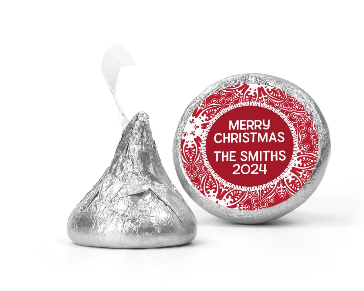 Big Red Snowflake Christmas Kiss Stickers, Personalized Party Chocolate Favor Labels, Holiday Classroom Candy Labels