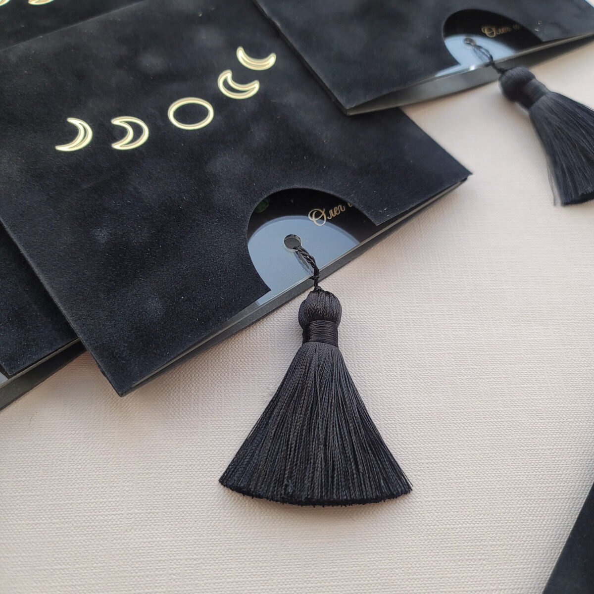Black Sleeve Gold Foil Acrylic Invitations. Pocket Style Elegant Wedding Invites, Clear Transparent, Tassel