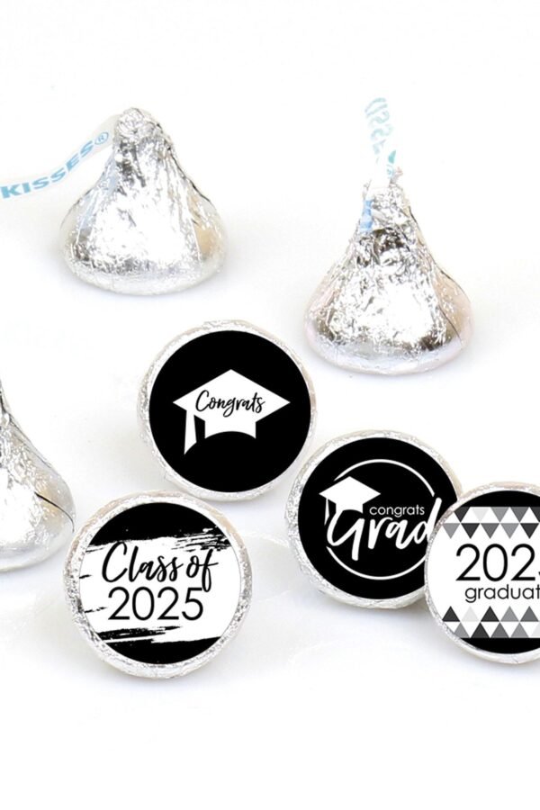 Black & White Grad - Best Is Yet To Come 2025 Graduation Party Round Candy Sticker Favors Labels Fit Chocolate | 1 Sheet Of 108