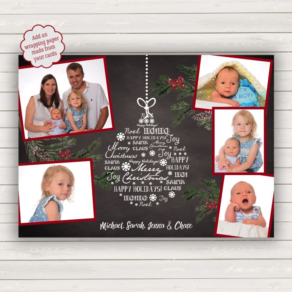 Blackboard Christmas Cards, Photo Printed Holiday Card, Wrapping Paper, Chalkboard Cards
