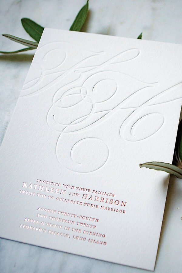 Blind Letterpress Wedding Invitations, Rose Gold Foil Monogram & Invitations