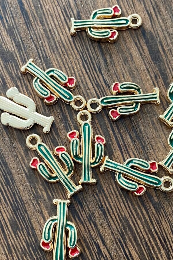 Blooming Cactus /Lt Gold Tone Enamel Alloy Pendants - 8Pcs Charms L Earring Making Jewelry Supplies, Cabochon Diy Supply Charms